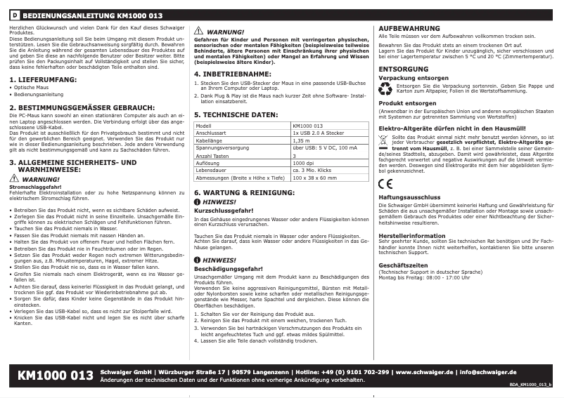 Page n°1 - Manuel utilisateur Schwaiger KM1000 013