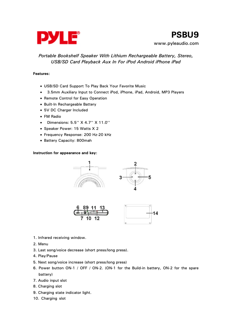 Page n°1 - Manuel utilisateur Pyle PSBU9
