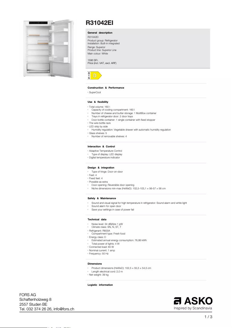 Page 1 de la notice Fiche technique Asko R31042EI
