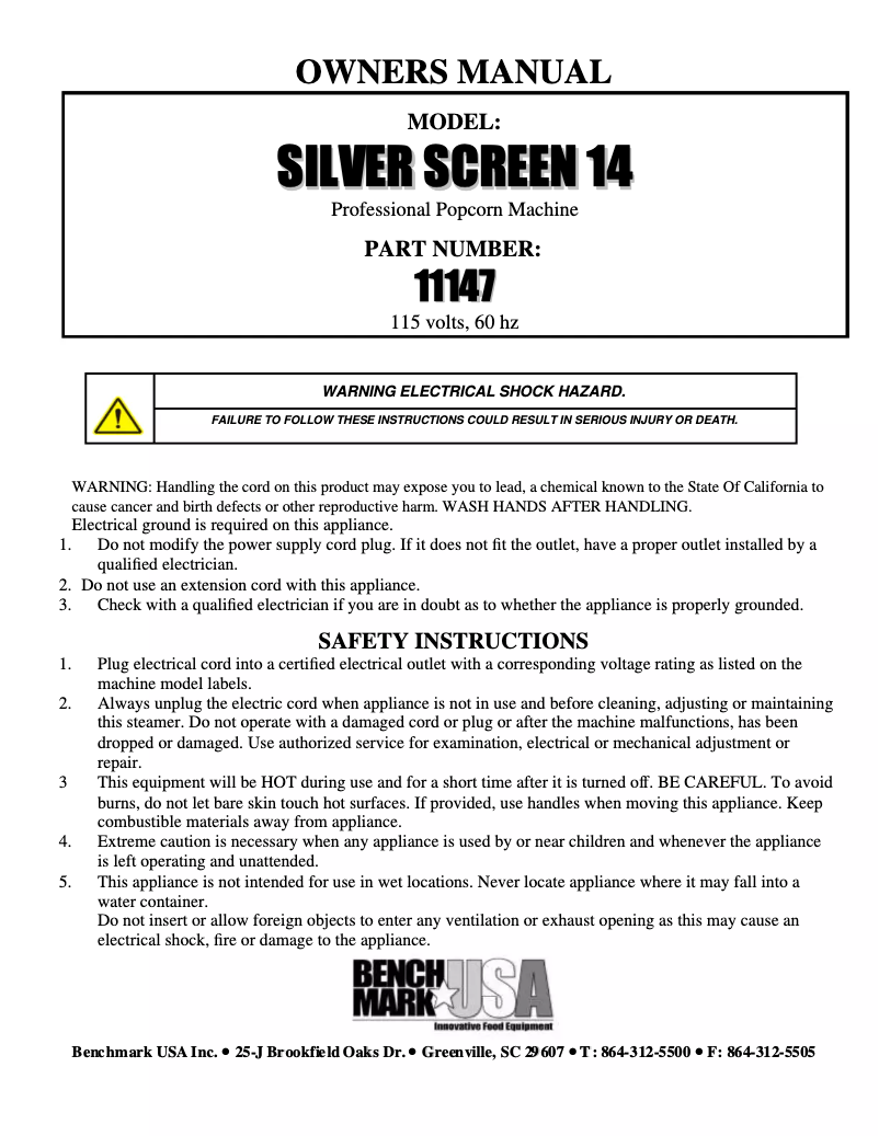 Page 1 de la notice Manuel utilisateur Benchmark USA Silver Screen 14
