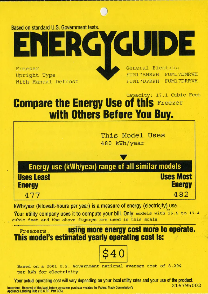 Page 1 de la notice Label énergétique GE FUM17DRRWH