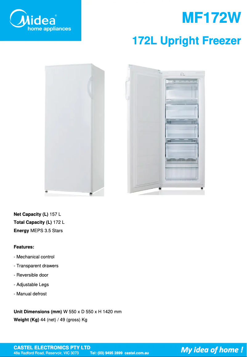 Page 1 de la notice Fiche technique Midea MF172W