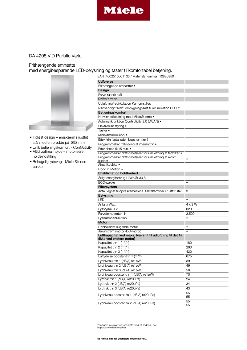 Page 1 de la notice Fiche technique Miele DA 4208 V D Puristic Varia