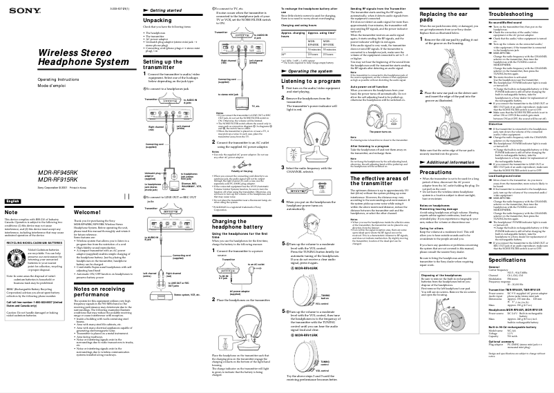 Page 1 de la notice Manuel utilisateur Sony MDR-RF915RK