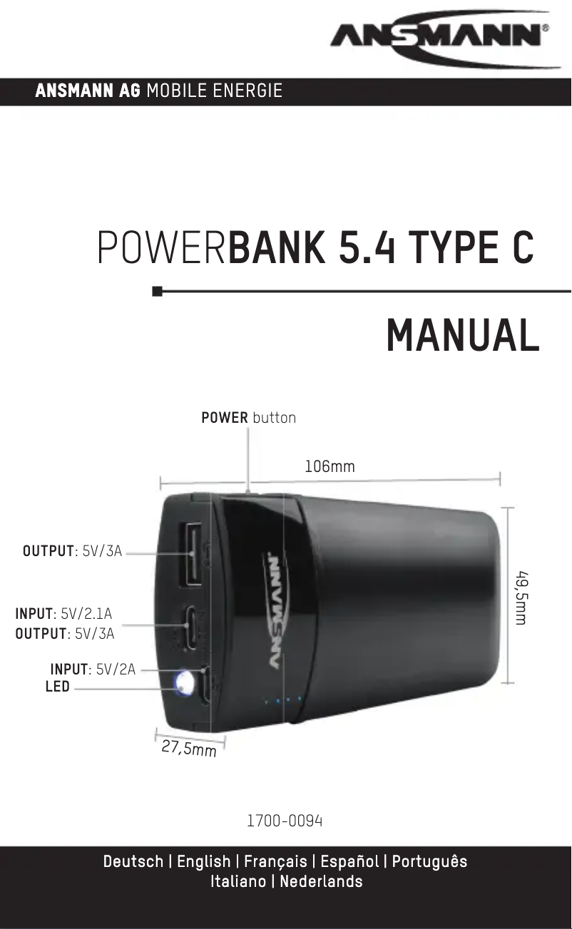 Page 1 de la notice Manuel utilisateur Ansmann Powerbank 5.4