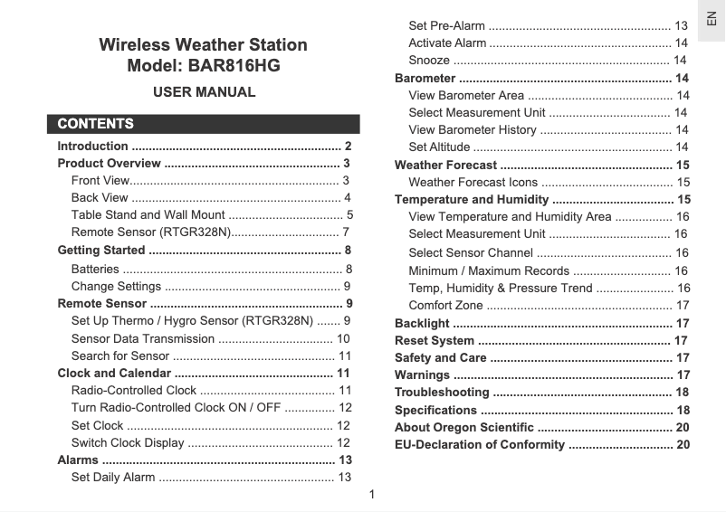 Image de la première page du manuel de l'appareil BAR816HG