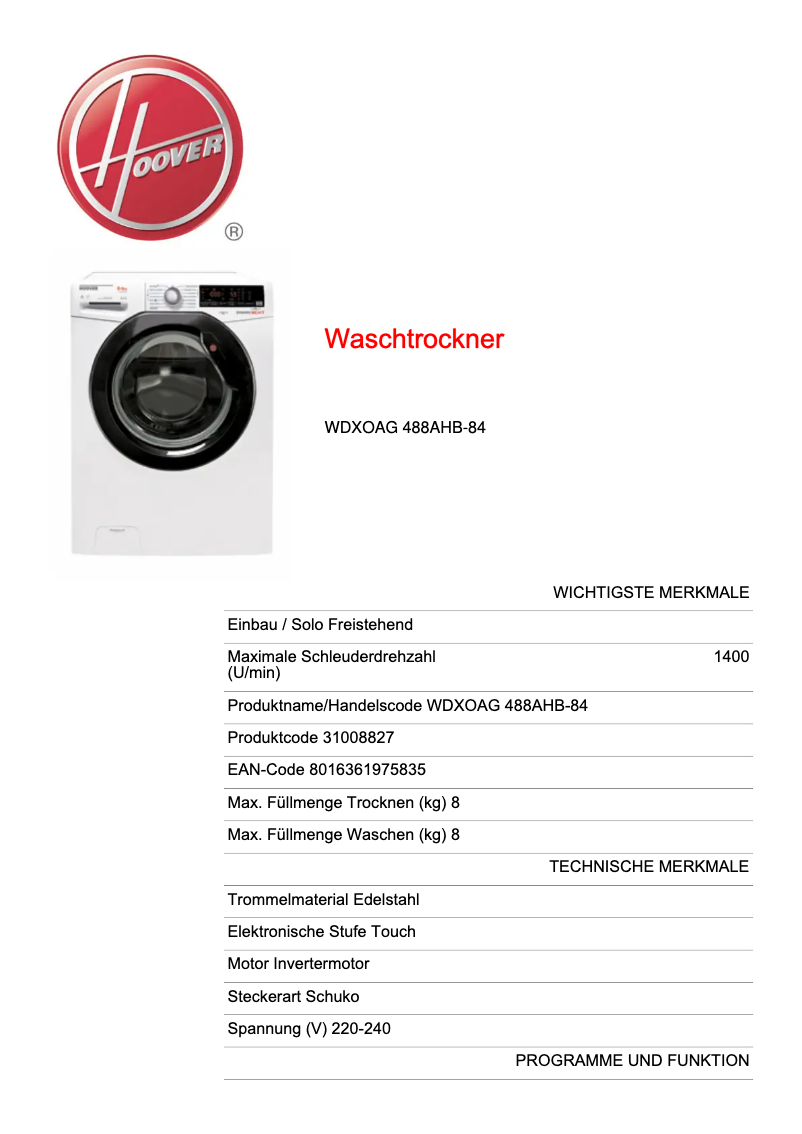 Page n°1 - Manuel utilisateur Hoover WDXOAG 488AHB-84
