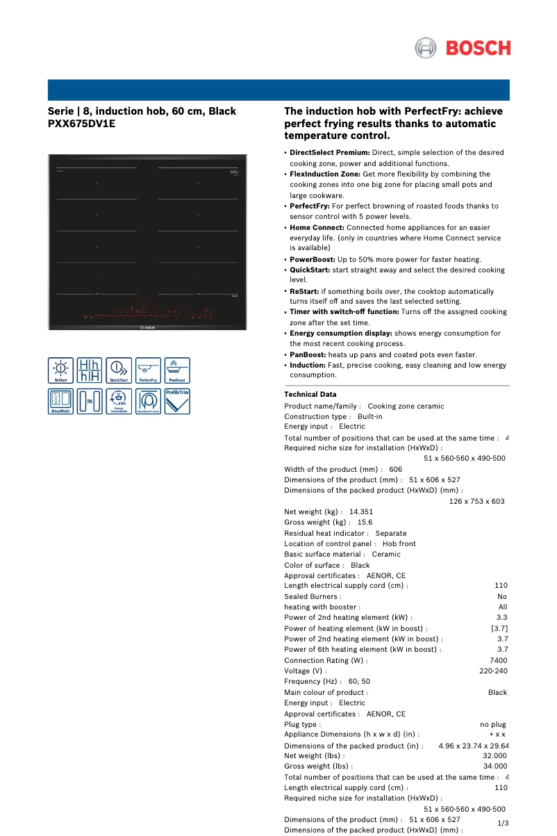 Page 1 de la notice Fiche technique Bosch Serie 8 PXX675DV1E