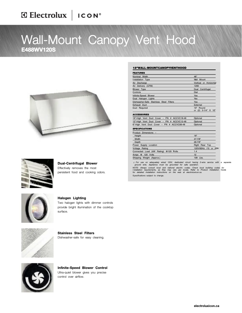Page 1 de la notice Fiche technique Electrolux E488WV120S
