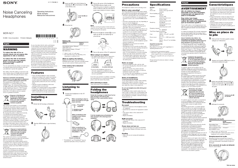 Image de la première page du manuel de l'appareil MDR-NC7