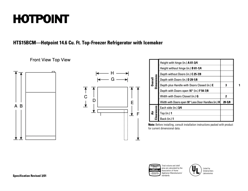 Page 1 de la notice Fiche technique Hotpoint HTS15BCMRWW