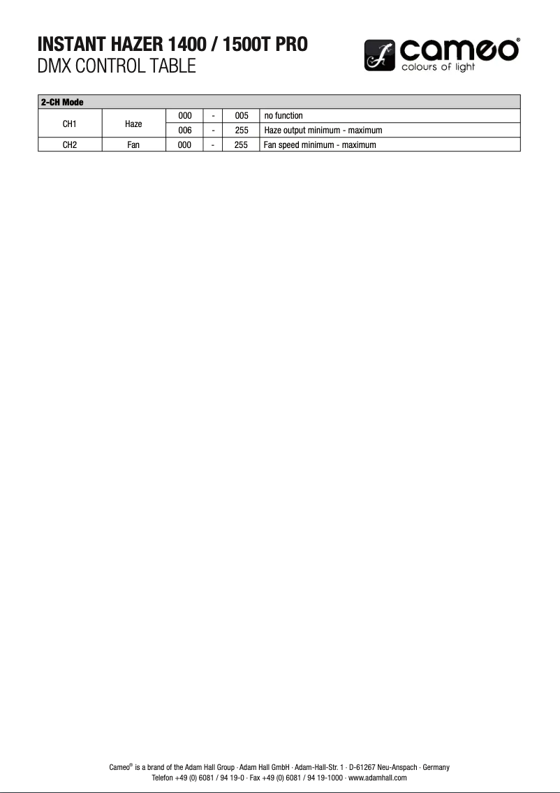 Page 1 de la notice Fiche technique Cameo Instant Hazer 1500 T Pro