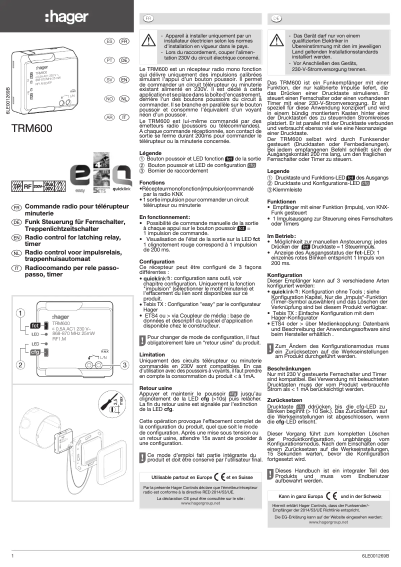 Page 1 de la notice Manuel utilisateur Hager TRM600