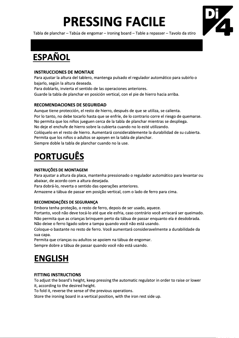 Page n°1 - Manuel utilisateur Di4 Pressing Facile