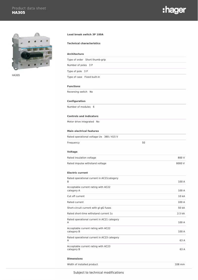 Page 1 de la notice Fiche technique Hager HA305