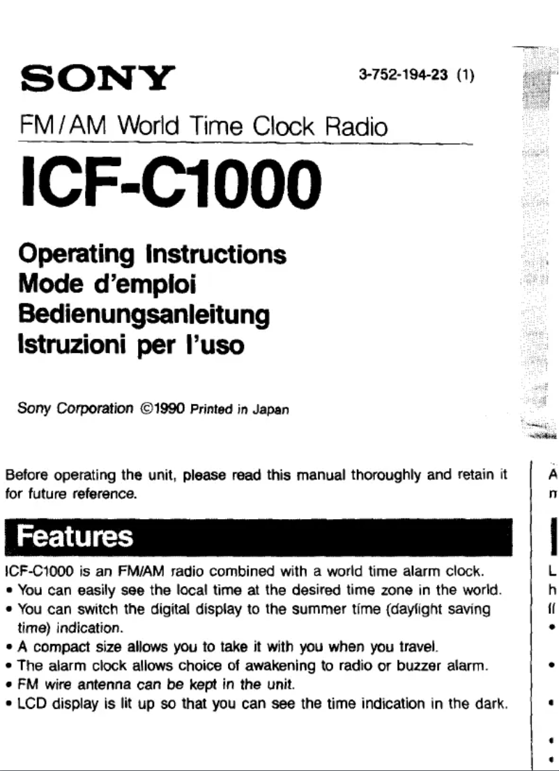 Image de la première page du manuel de l'appareil ICF-C1000