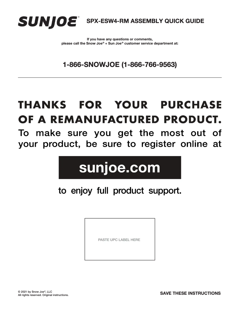 Page 1 of the manual User Manual Sun Joe SPX-ESW4-RM