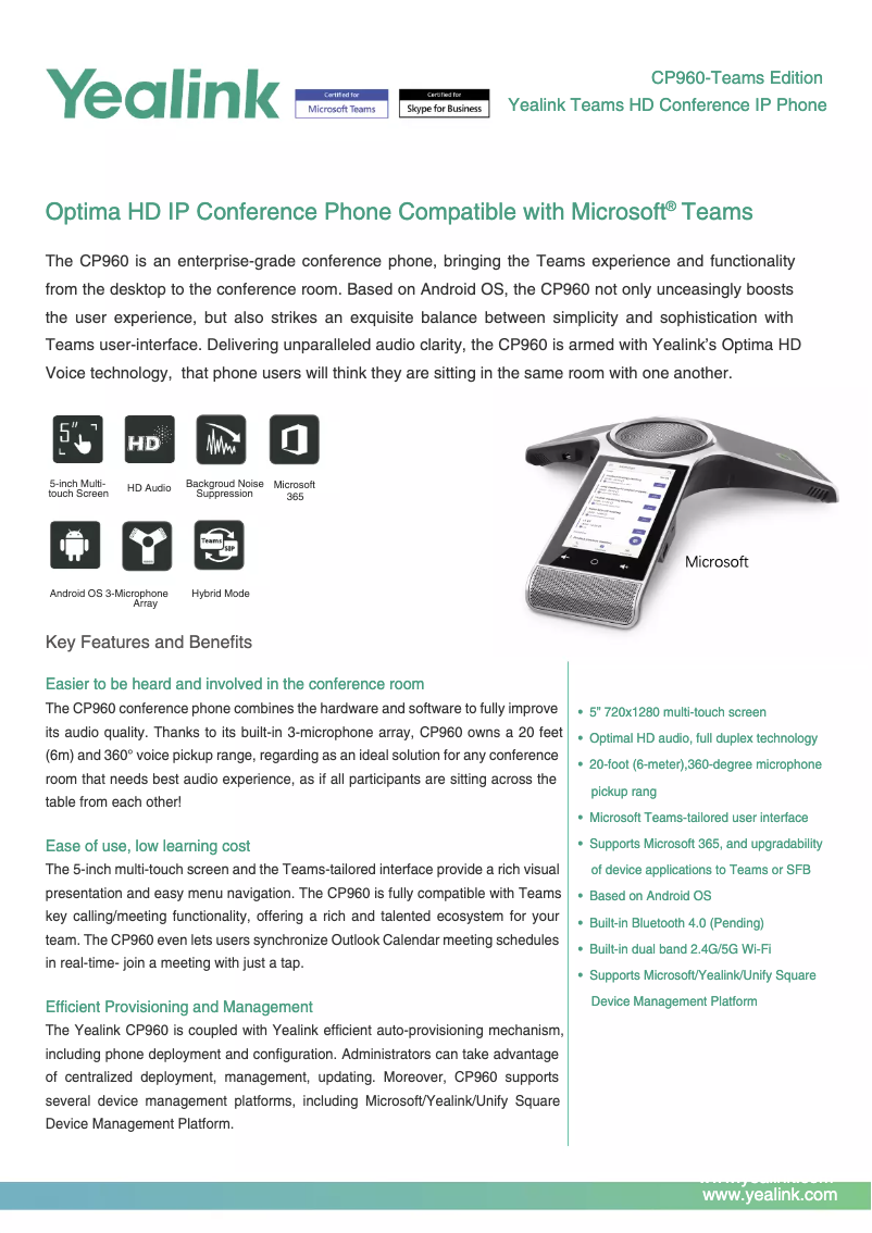 Page 1 de la notice Fiche technique Yealink CP960