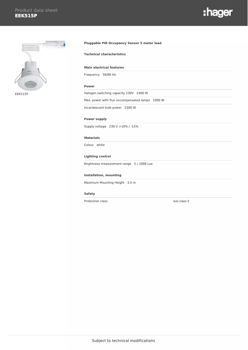 Page 1 de la notice Fiche technique Hager EEK515P