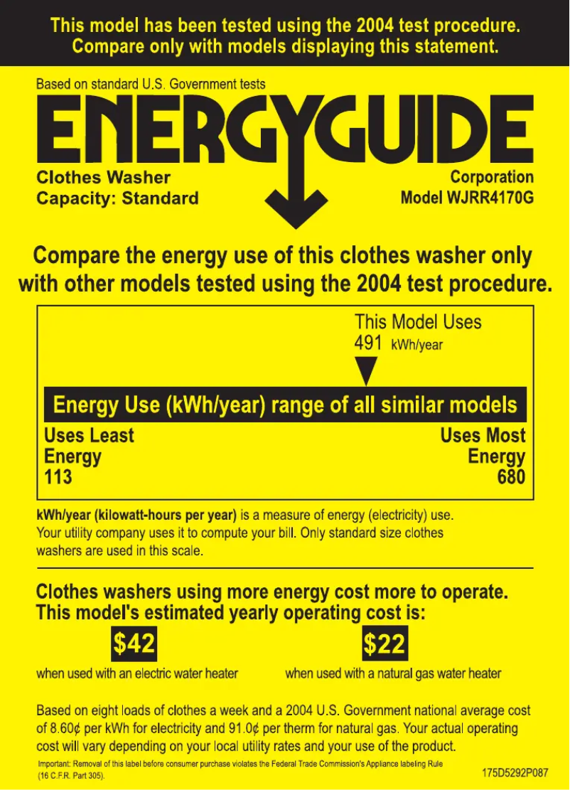 Page n°1 - Label énergétique GE WJRR4170GWW