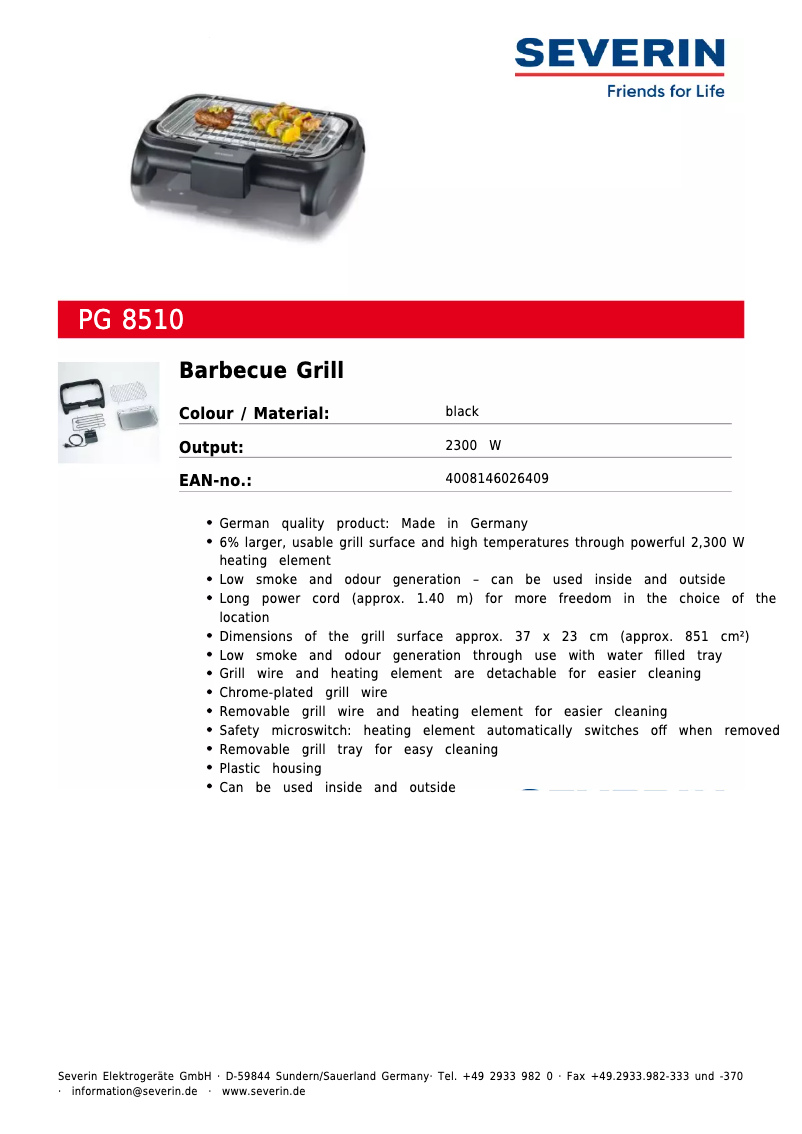 Page 1 de la notice Fiche technique Severin PG 8510