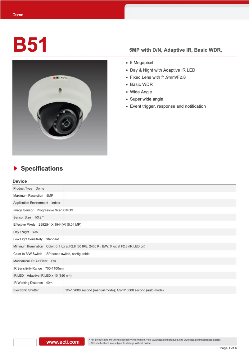 Page 1 de la notice Fiche technique ACTi B51