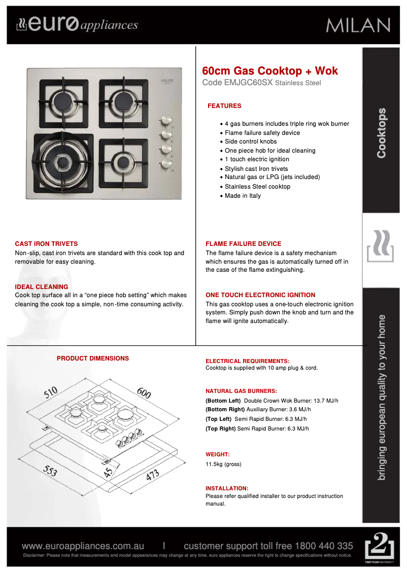 Page n°1 - Fiche technique Euro Appliances EMJGC60SX