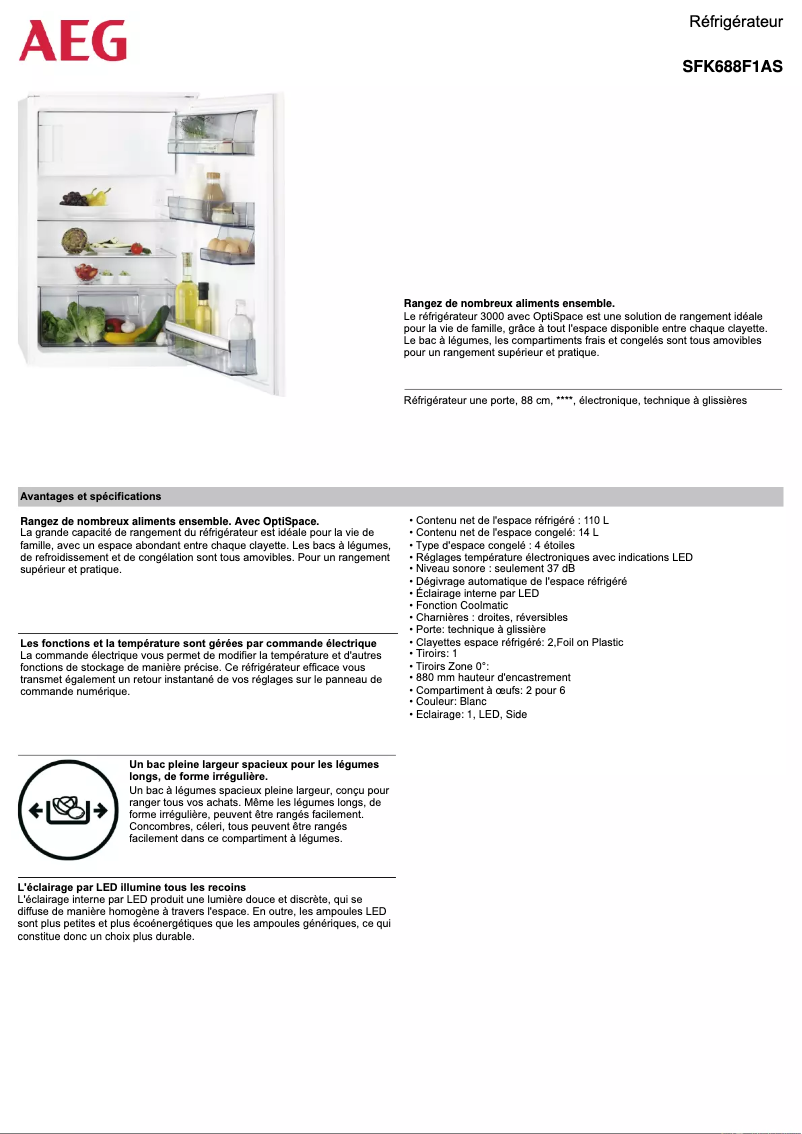 Page 1 de la notice Fiche technique AEG SFK688F1AS