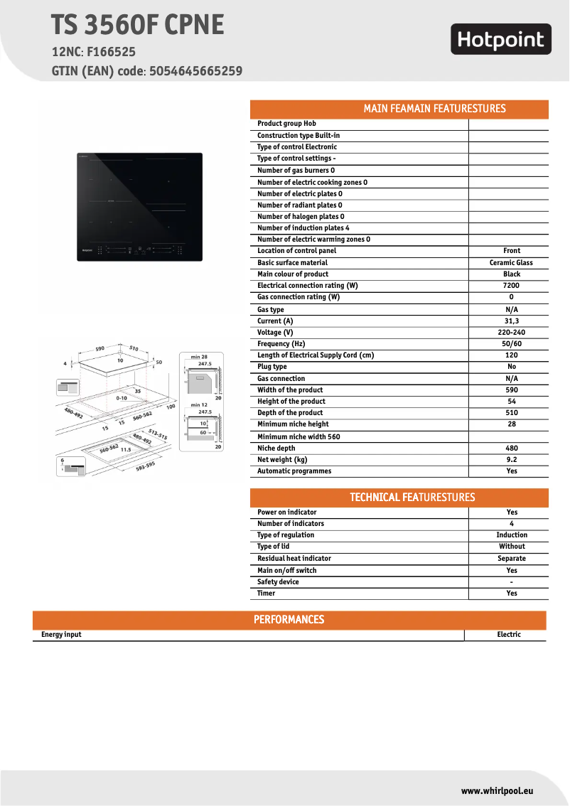 Page 1 de la notice Fiche technique Hotpoint TS 3560F CPNE