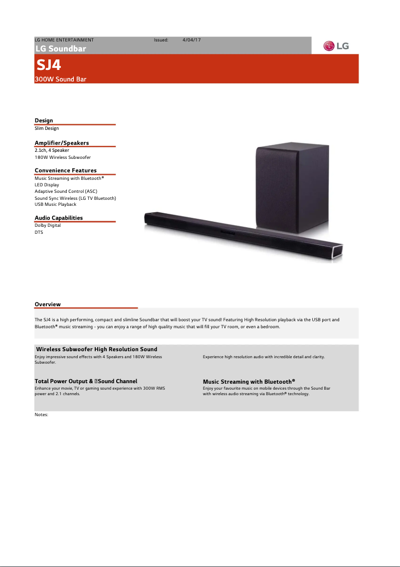 Página 1 del manual Ficha técnica LG SJ4