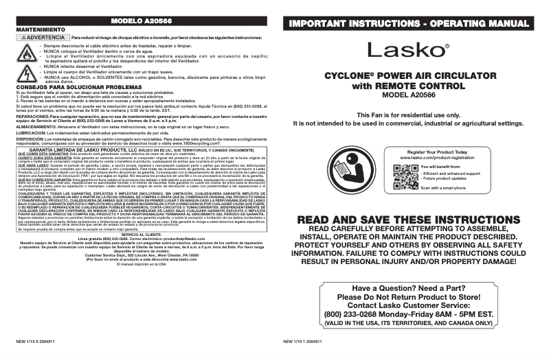 Page 1 de la notice Manuel utilisateur Lasko Cyclone Power A20566