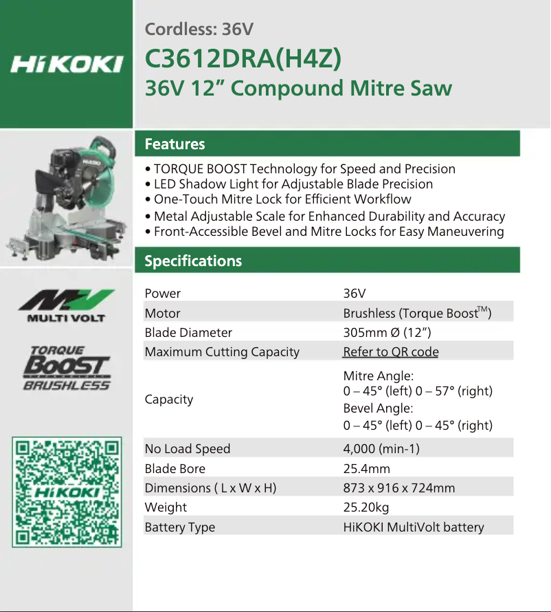 Page 1 de la notice Fiche technique HiKOKI C3612DRA