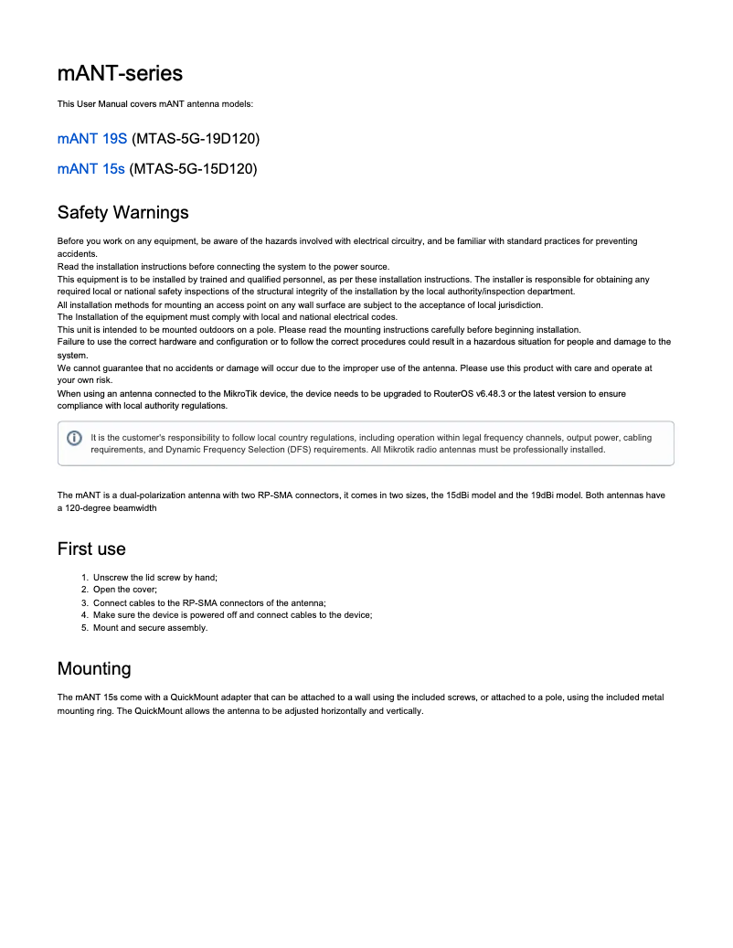 Page 1 de la notice Manuel utilisateur Mikrotik mANT 15s