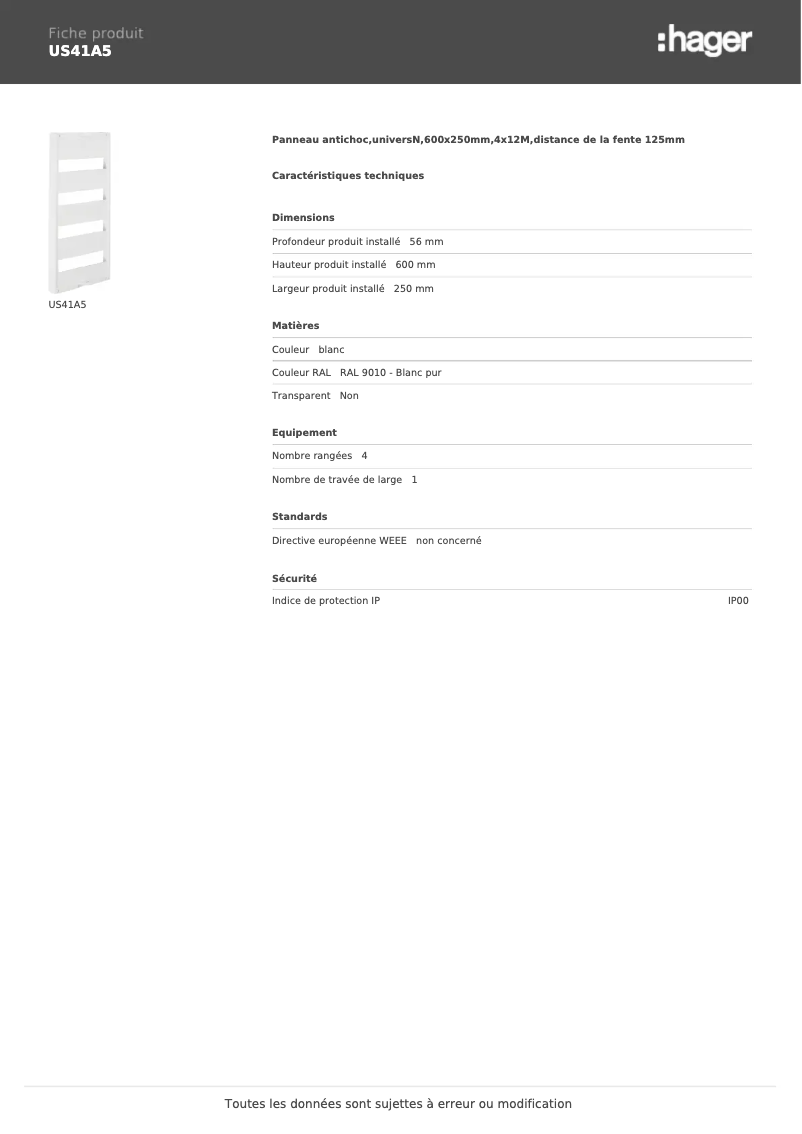 Page n°1 - Fiche technique Hager US41A5