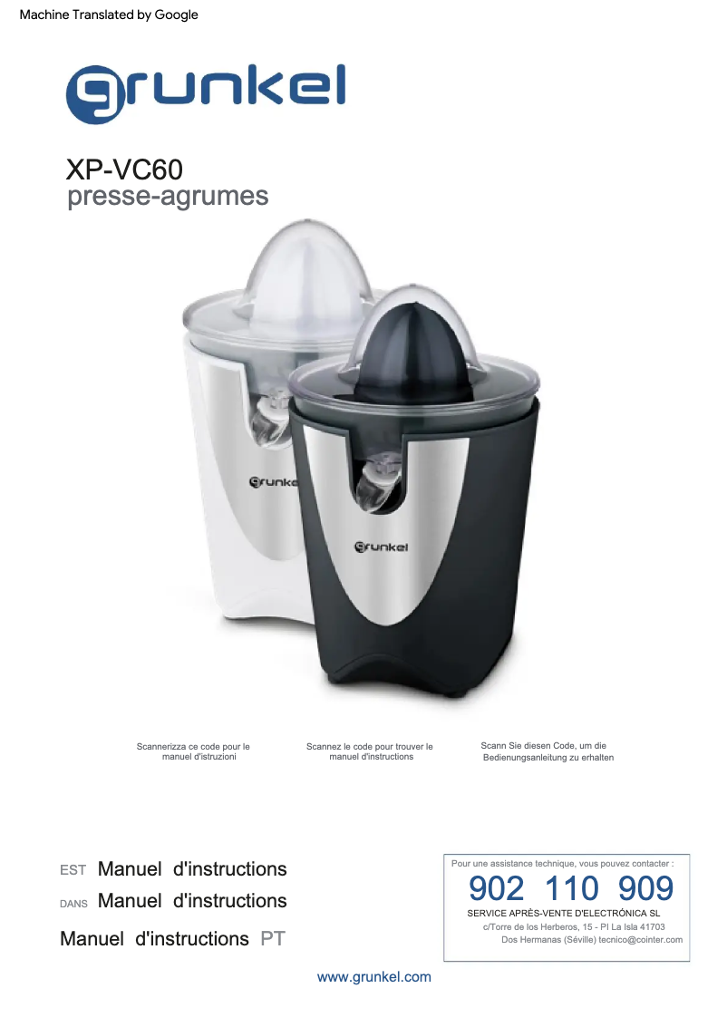Page 1 de la notice Manuel utilisateur Grunkel XP-VC60
