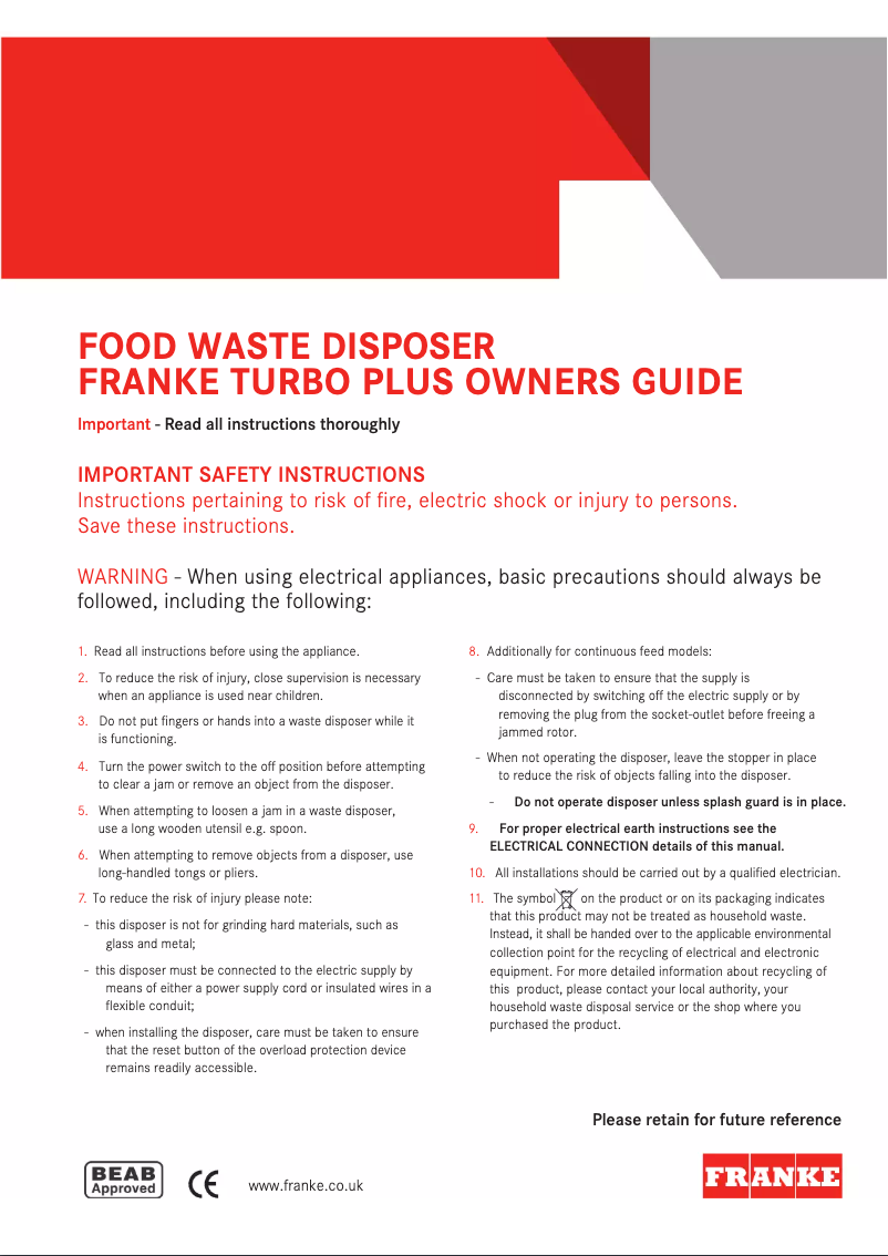 Page n°1 - Manuel utilisateur Franke TP-125