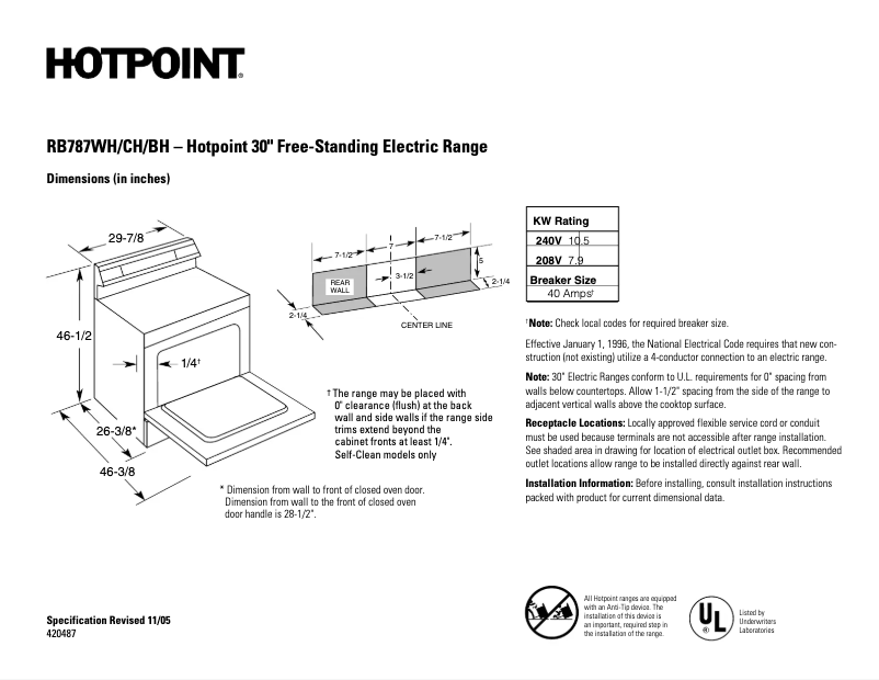 Page 1 de la notice Fiche technique Hotpoint RB787BHBB