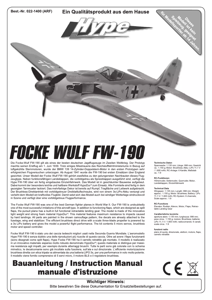 Page n°1 - Manuel utilisateur Kyosho FOCKE WULF FW-190