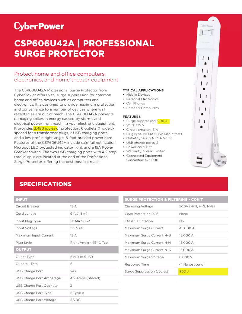 Page 1 de la notice Fiche technique CyberPower CSP606U42A
