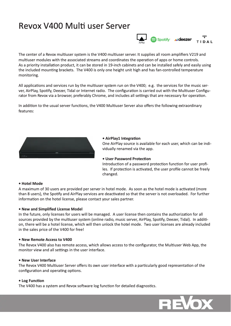 Page 1 de la notice Fiche technique Revox V400