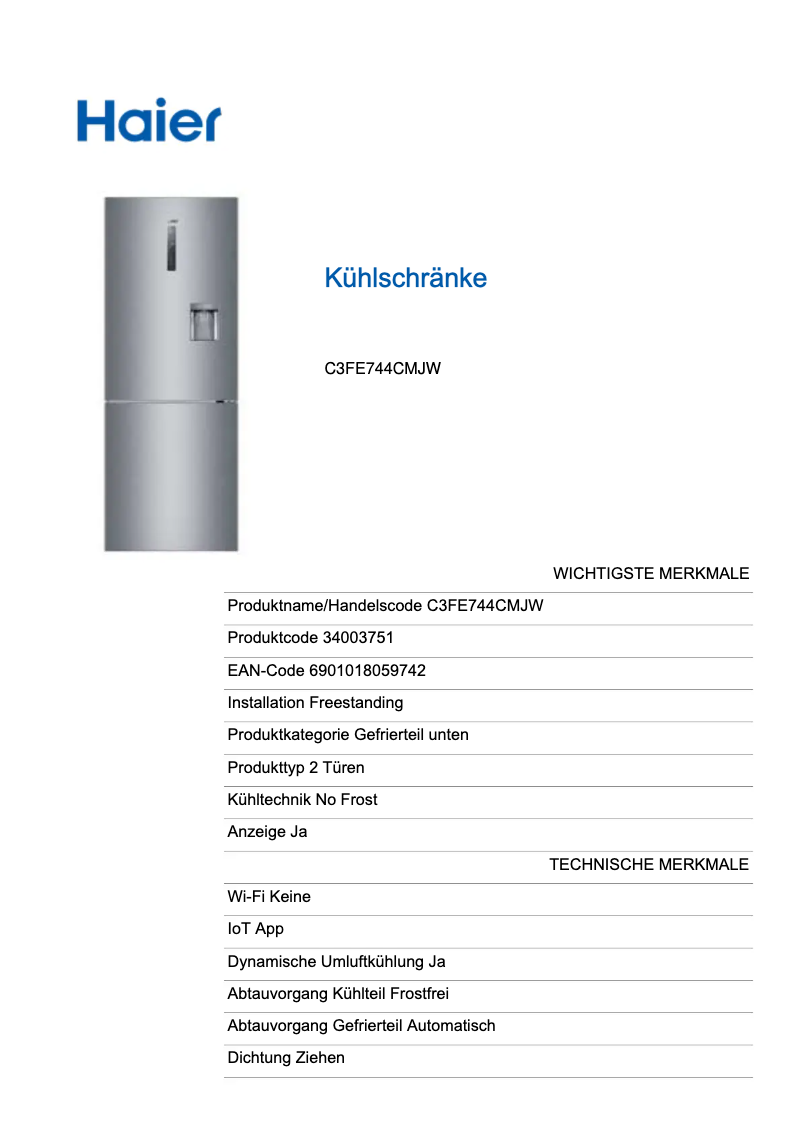 Page 1 de la notice Label énergétique Haier C3FE744CMJW