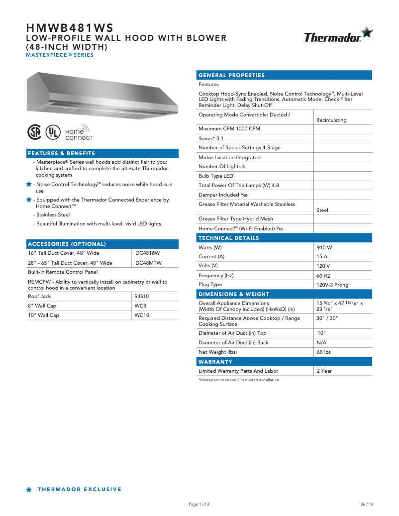 Page n°1 - Fiche technique Thermador HMWB481WS
