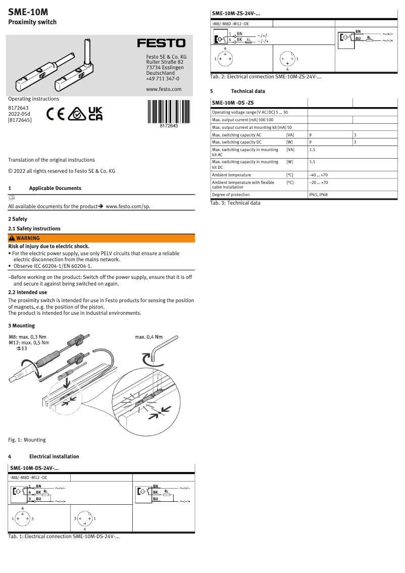 Page 1 de la notice Manuel utilisateur Festo SME-10M-DS-24V-E-0,3-Q-M8D