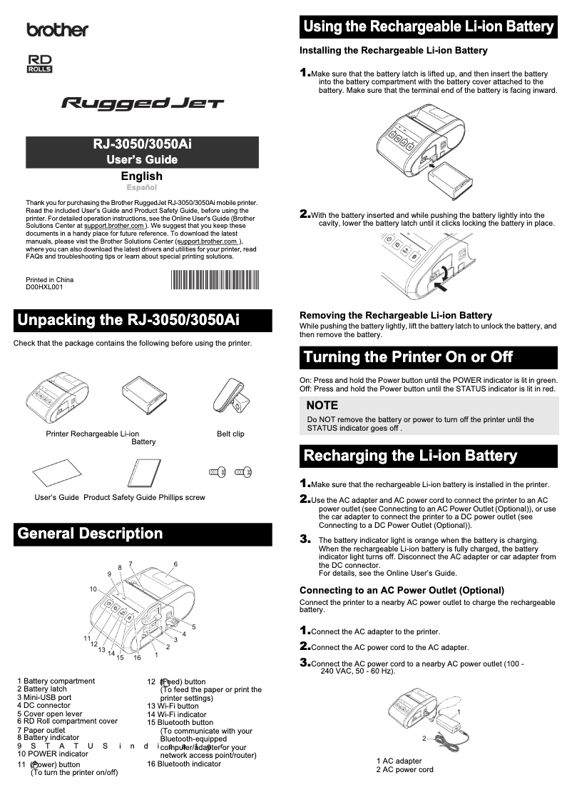 Image de la première page du manuel de l'appareil RJ-3050Ai
