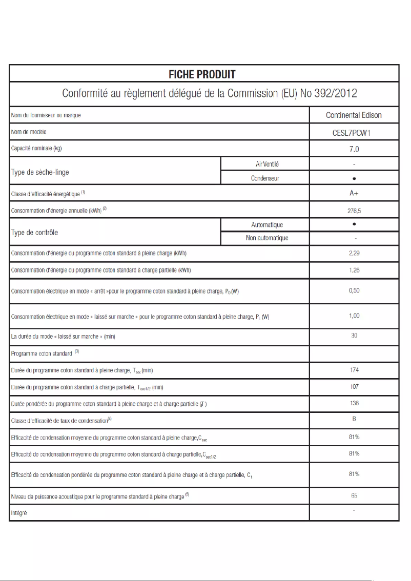 Page n°1 - Label énergétique Continental Edison CESL7PCW1