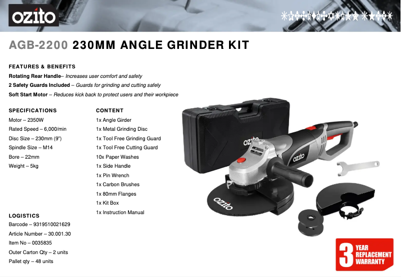 Page 1 de la notice Fiche technique Ozito AGB-2200