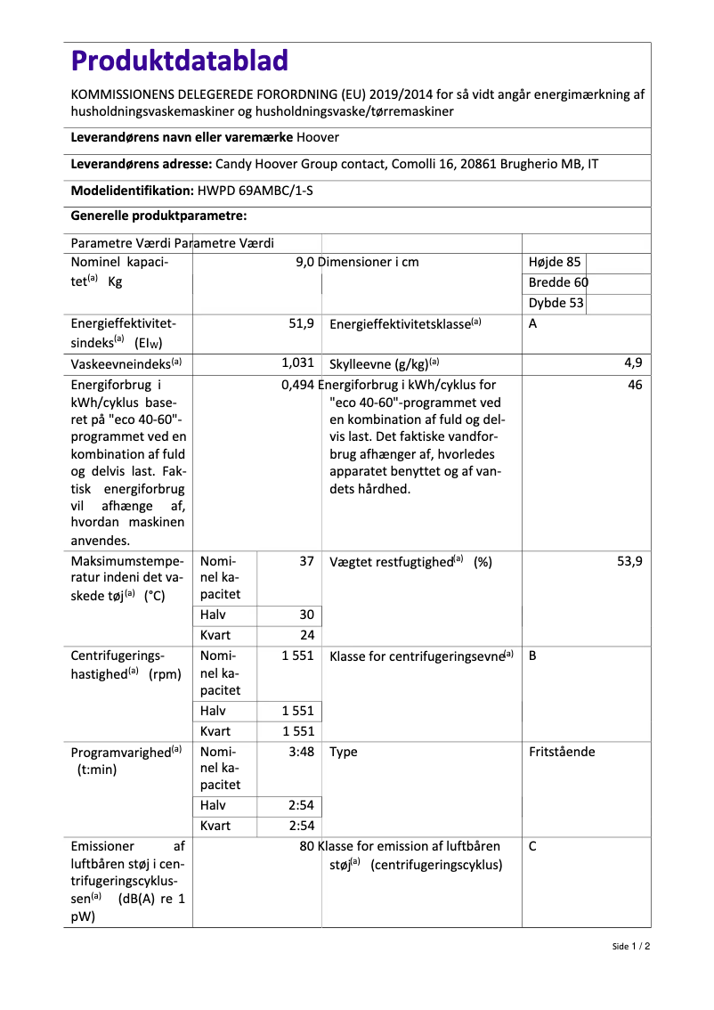 Página 1 del manual Folleto Hoover H-WASH 500 HWPD 69AMBC/1-S