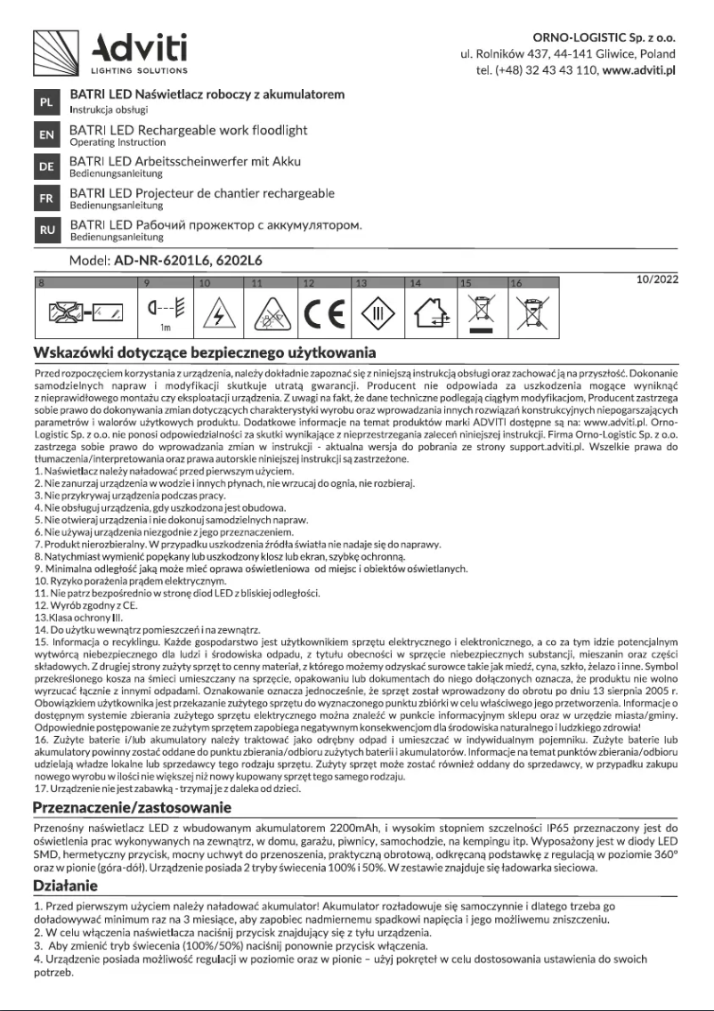 Page 1 de la notice Manuel utilisateur Adviti AD-NR-6202L6