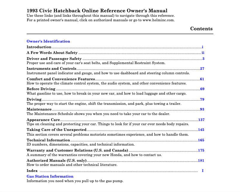 Page 1 de la notice Manuel utilisateur Honda Civic Hatchback (1993)