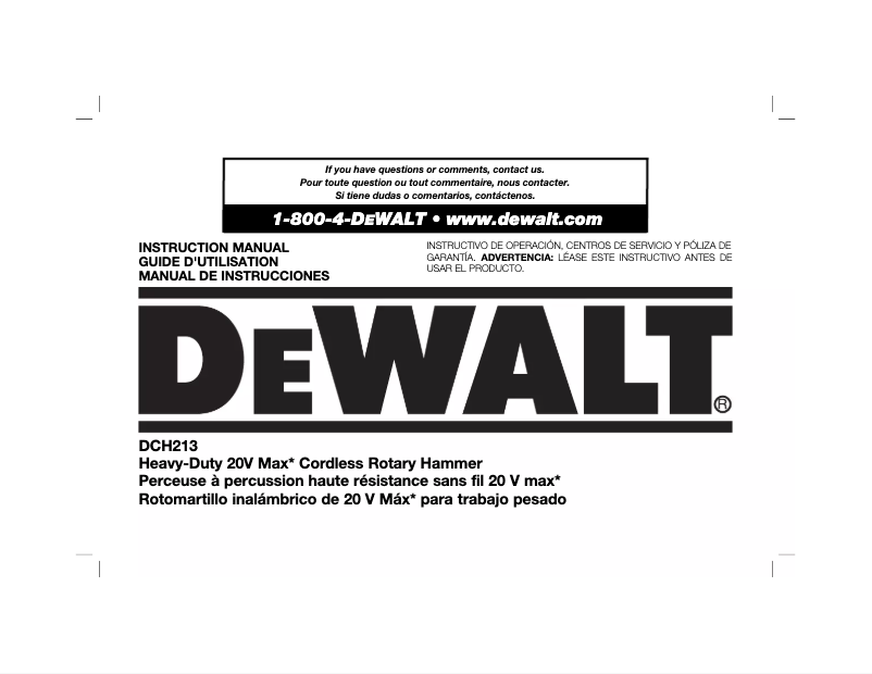 Page 1 de la notice Manuel utilisateur DeWalt DCH213